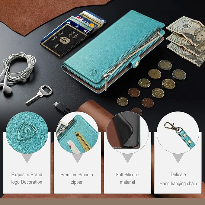XcaseBar Compatible with iPhone 17 6.3" Wallet case with Zipper Credit Card Holder【RFID Blocking】,Flip Folio Book PU Leather Phone case Shockproof Cover Women Men for Apple 17 case Blue Green