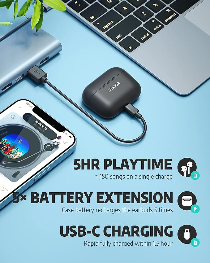 AIHOOR Wireless Earbuds for Music and Sports, Bluetooth 5.3 in-Ear Headphones with Extra Bass, Built-in Mic, Touch Control, USB Charging Case, 30hr Battery Earphones (Matte Black)