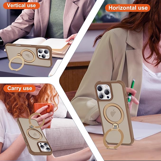 Compatible with iPhone 16 Pro Case with Invisible Magnetic 360°Spin Stand,Military-Grade Shockproof Protection [Compatible with Mag-Safe] Non-Slip Edge Translucent Case (6.3",Desert Brown)