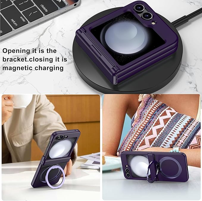 Magnetic Case for Samsung Galaxy Z Flip 5 Compatible with Magsafe, Built-in Kickstand & TPU Hinge Protection Flip 5 Case, Matte PC Cover Ultra Shockproof Phone Case for Z Flip5 (Dark Purple)