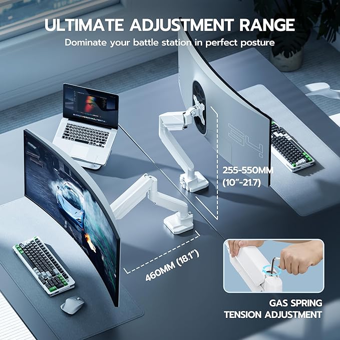 ARES WING Ultrawide Monitor Arm, Heavy Duty Single Monitor Mount for 13"-49" Curved Screens, Adjustable Stand for Desk with C-clamp & Grommet Base up to 40 LBS, White
