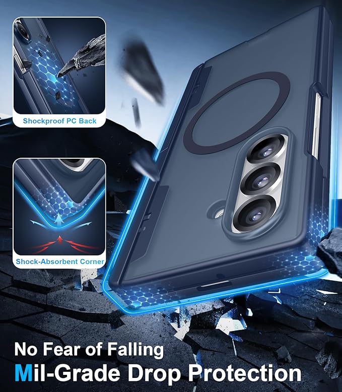 Temdan Magnetic for Samsung Galaxy Z Fold 7 Case,[Compatible with MagSafe][Built-in HD Screen Protector&Invisible Kickstand][Hinge Protection]Translucent Matte Shockproof Phone Case for Z Fold 7,Blue