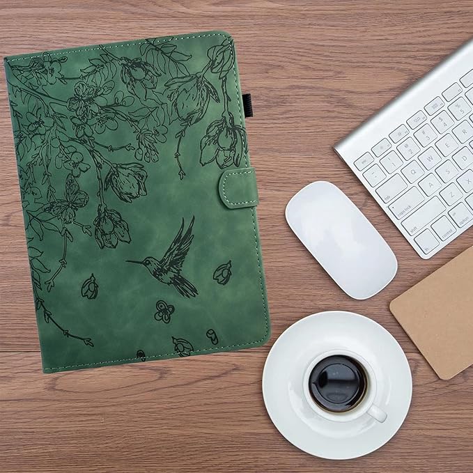 KEROM Case for Samsung Galaxy Tab A9+ Plus 11 Inch 2024 2023 (SM-X210/X216/X218), Embossed Suede Leather Folio Stand Cover with Auto Wake/Sleep & Card Slot & Pen Holder - Green Bird Flower Embossing