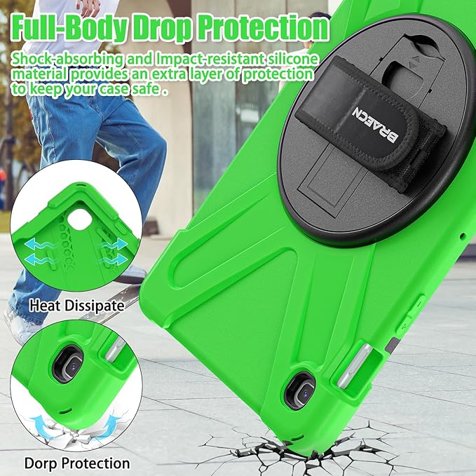 BRAECNstock for Samsung Galaxy Tab S5e Case 10.5 inch 2019 (SM-T720/T725/T727) Shockproof Protective Galaxy Tab S5e Kids Cover with Screen Protector Rotating Stand & Hand Strap Pencil Holder - Green