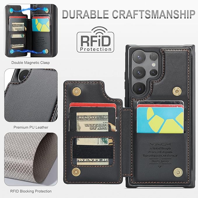 Vinich for Samsung Galaxy S25 Ultra Wallet Case with Card Holder for Women Men, RFID Blocking Credit Slots Kickstand Shockproof Phone Cover for Galaxy S25 Ultra (6.8"), Black