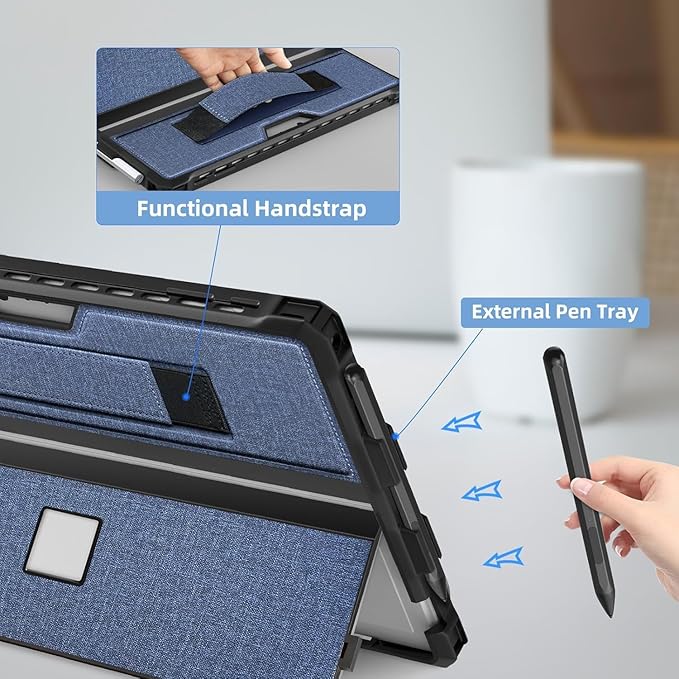 Case for 12.3" Microsoft Surface Pro 7+/7/6/5/4/Pro LTE Protective Rugged Cover Case, with Stylus Pen Holder and Hand Strap, Compatible with Type Cover Keyboard,Navy Blue