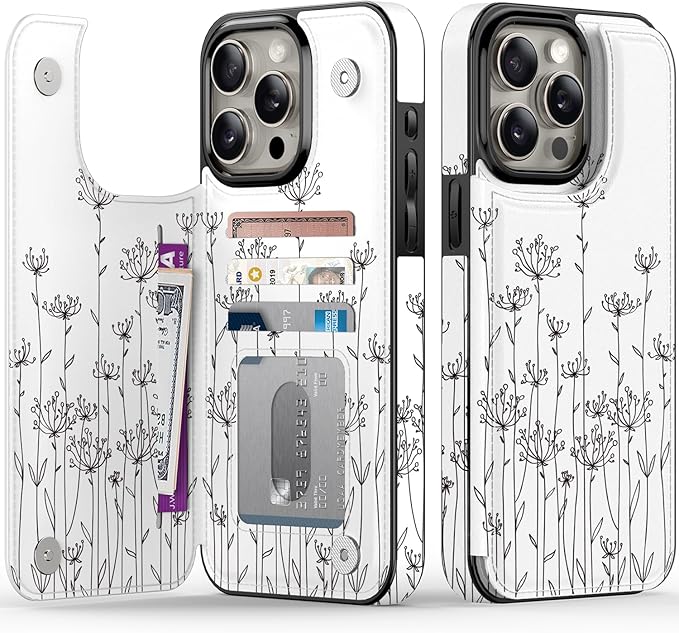 FUNMIKO for iPhone 14 Pro Max Wallet Case with Card Holder, RFID-Blocking, Military-Grade Protection & UV-Printed Artwork, Magnetic Closure with Leather Kickstand - Elegantly Sketched Flower