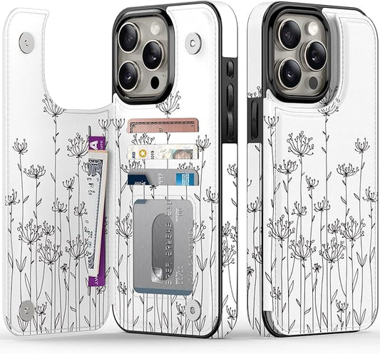 FUNMIKO for iPhone 13 Pro Max Wallet Case with Card Holder, RFID-Blocking, Military-Grade Protection & UV-Printed Artwork, Magnetic Closure with Leather Kickstand - Elegantly Sketched Flower