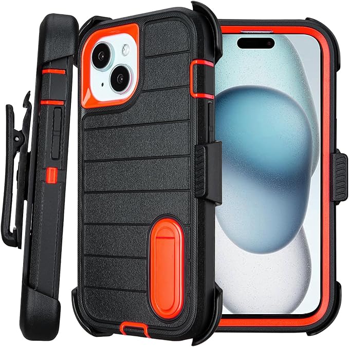 for Heavy Duty iPhone 15 Case with Belt Clip & Holster, Rugged Military Grade Shockproof Protective Cover for iPhone 15 Case with Stand 6.1 Inch (Black+Orange)