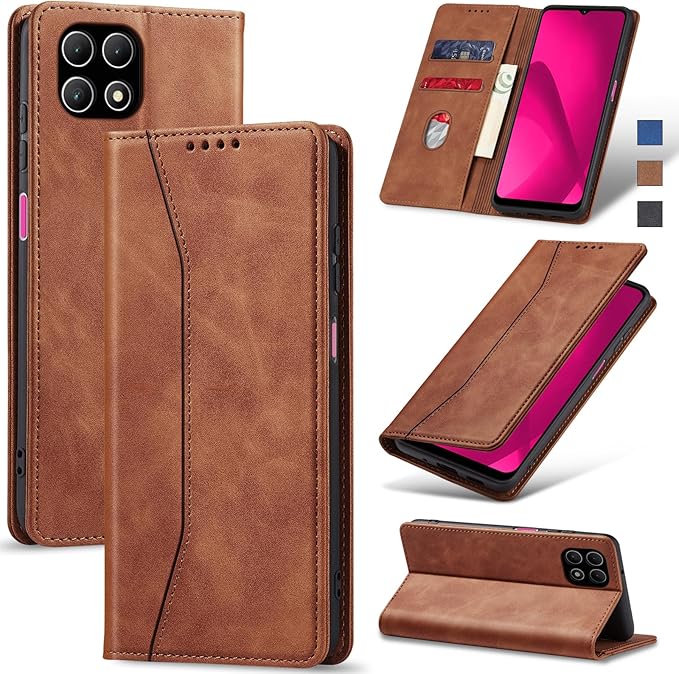 Jasonyu Flip Wallet Case for T-Mobile Revvl 7,Leather Magnetic Folio Cover with Card Holder,Kickstand - TPU Shockproof Durable Protective Phone Case,Brown
