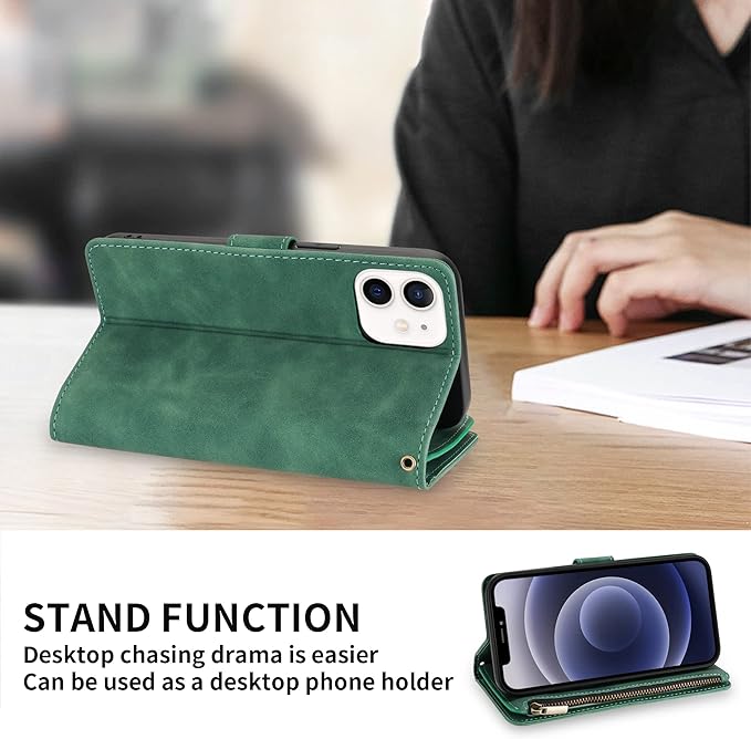 ZZXX for iPhone 12/12 Pro Wallet Case with Card Slot Premium Soft PU Leather Zipper Flip Folio Wallet with Wrist Strap Kickstand Protective for iPhone 12(Green 6.1 inch)