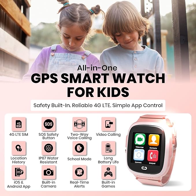 Kids Watch with GPS Tracker, Two-Way Calling, Tracking & SOS Alerts - Back to School Kids Smart Watches for Girls with Geo-Fencing, School Mode, Water Resistant, Long Battery Life & Parental Controls