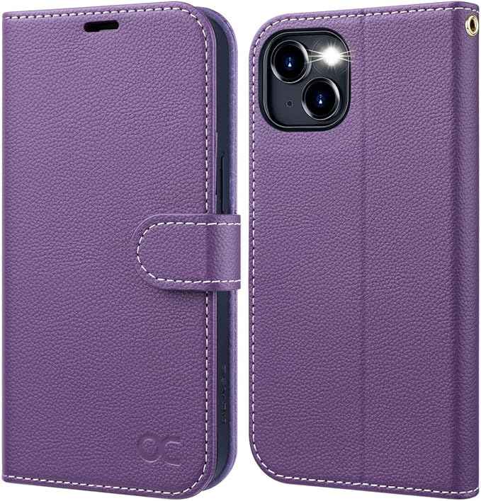 OCASE Compatible with iPhone 15 Wallet Case, PU Leather Flip Folio Case with Card Holders RFID Blocking Kickstand [Shockproof TPU Inner Shell] Phone Cover 6.1 Inch 2023, Litchi Purple
