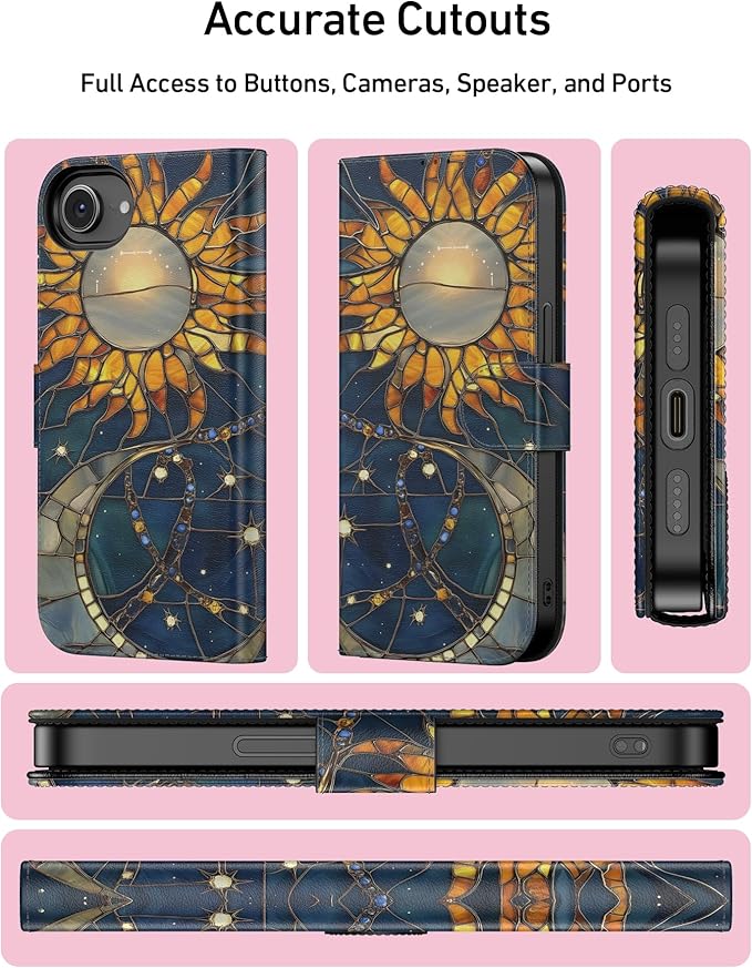 DEENAKIN for iPhone 16e Wallet Case with Card Holder + Cash Clip, RFID-Blocking, Military-Grade Drop Protection, Magnetic Closure with Leather Kickstand - Solar Lunar Harmony