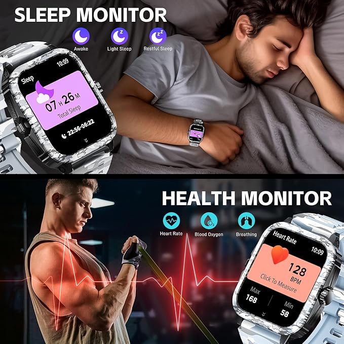 Military Smart Watches for Men (Make/Answer Call) 1.96" Screen Outdoor Activity Tracker with 100+ Sport Modes Health Monitor 3ATM Waterproof Smartwatch (Camouflage Grey)