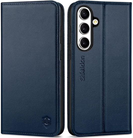 SHIELDON Case for Galaxy S25 FE 6.7" 5G, Genuine Leather Folio Wallet Case Magnetic Kickstand RFID Blocking Card Slots Shockproof Protective Cover Compatible with Galaxy S25 FE 2025 - Nappa Navy Blue