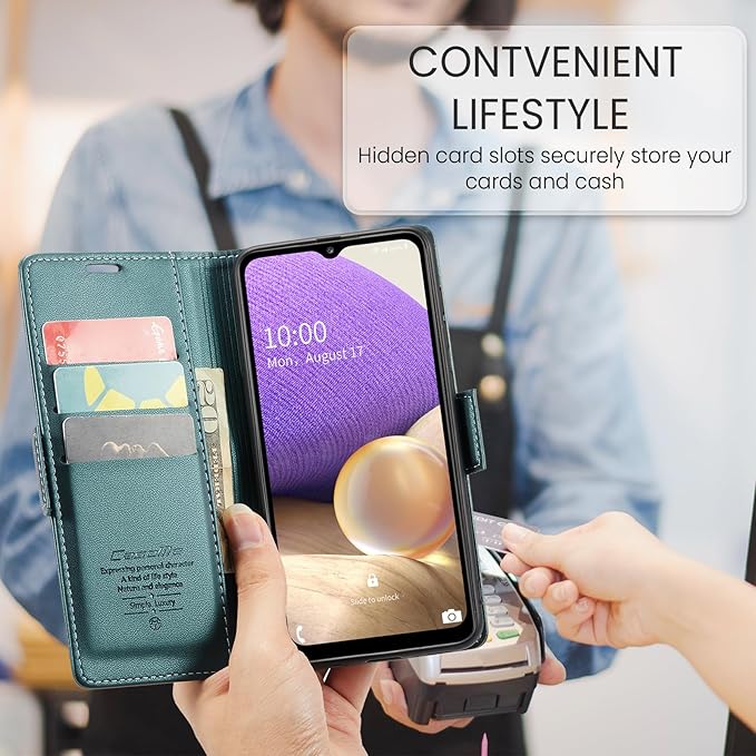 for Samsung Galaxy A32 5G Case, Premium PU Leather Wallet Case Flip Cover with [RFID Blocking][Card Holder][Stand Function] for Samsung Galaxy A32 5G (Non 4G Version), Blue-Green