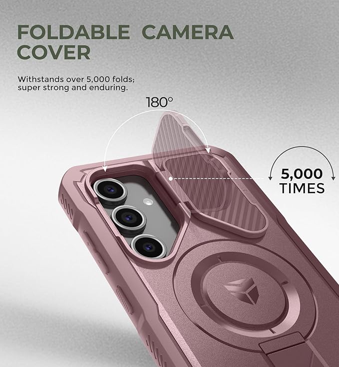 Dexnor for Samsung Galaxy S24 FE Case with Camera Cover & Adjustable Kickstand & Built-in Screen Protector, Magnetic Rugged Shockproof Bumper Cases Heavy-Duty Magnetic Protective Cover,Peony Pink