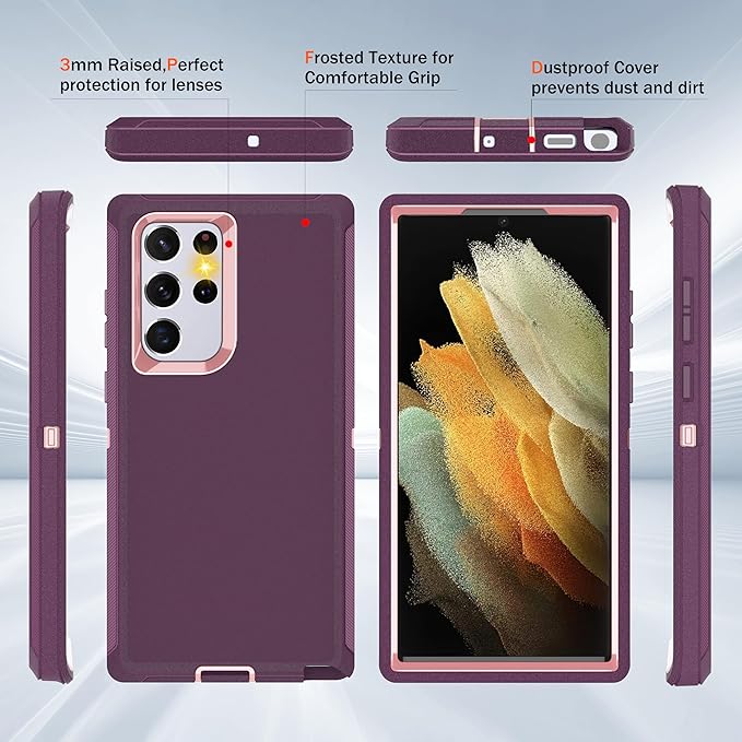 for Samsung Galaxy S22 Ultra Case, with [2 Pack] HD Screen Protector, [Military-Grade] Shockproof Dust/Drop Proof 3-Layer Full Body Protection Heavy Duty Case for Galaxy S22 Ultra, Deep Purple