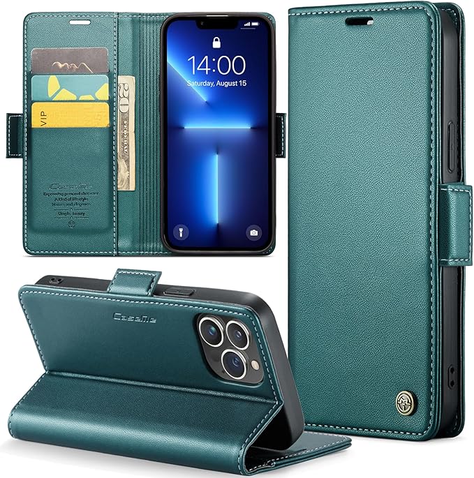 for iPhone 13 Pro Max Case, Premium PU Leather Wallet Case Flip Cover with [RFID Blocking][Card Holder][Stand Function] Shockproof Protective for iPhone 13 Pro Max, Blue-Green