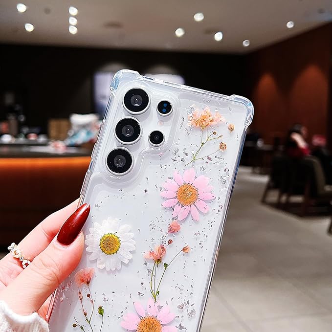 Compatible with Samsung Galaxy S25 Ultra Case Cute Pressed Dried Real Flowers Design Women Girly Shockproof Glitter Floral Clear Phone Cover for Galaxy S25 Ultra (Pink Flower)