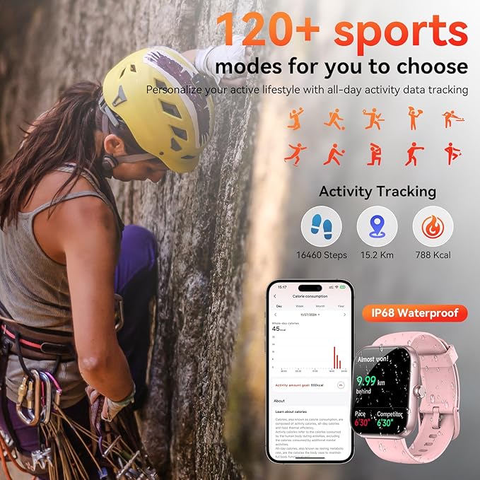 Smart Watch with Alexa Built-in, 1.83" HD Touchscreen, Bluetooth Calling Fitness Tracker, Health Monitor Heart Rate/Sleep Tracking, IP68 Waterproof, 120+ Sports Modes for Android iPhone (Pink)