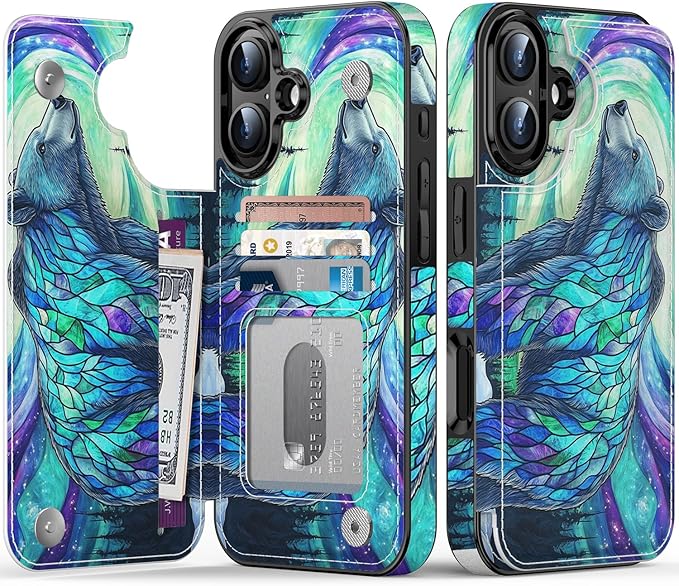FUNMIKO for iPhone 16 Plus Wallet Case with Card Holder, RFID-Blocking, Military-Grade Protection & UV-Printed Artwork, Magnetic Closure with Leather Kickstand - Prismatic Aurora Bear