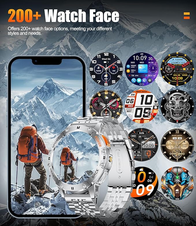 Smart Watches for Men(3 Straps),1,43'' AMOLED Military Smart Watch for Men with LED Flashlight/530mAh Large Battery/5ATM Waterproof,Fitness Tracker Smartwatch with Answer/Make Call Silver