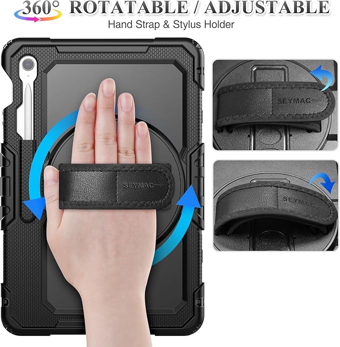 SEYMAC stock Case for Samsung Galaxy Tab S10 FE+ Plus 5G Tablet Case 13.1'' Protective with Screen Protector, Pencil Holder, 360 Rotating Stand, Hand Strap, Shoulder Strap, Black1
