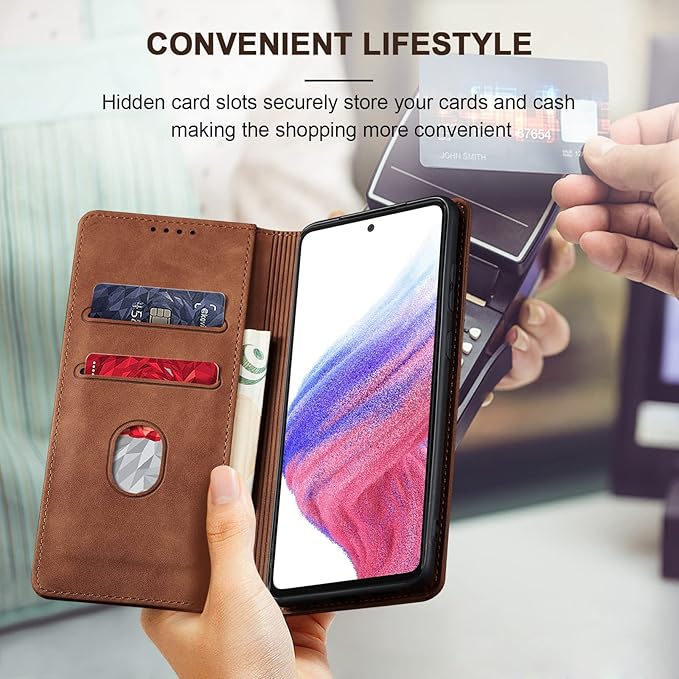 Jasonyu Flip Wallet Case for Samsung Galaxy A53 5G,Leather Magnetic Folio Cover with Card Holder,Kickstand - TPU Shockproof Durable Protective Phone Case,Brown