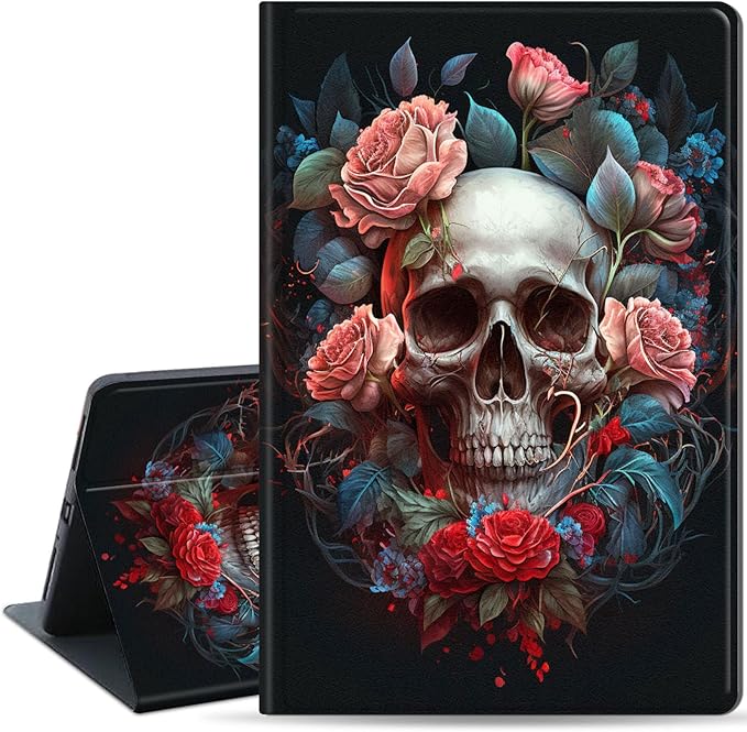 Slim Case for Samsung Galaxy Tab S10 FE / S9 FE 5G 10.9" & Tab S9 11", PU Leather Protective Cover, Multi-Angle Stand, Auto Sleep/Wake, Flowers and Skulls