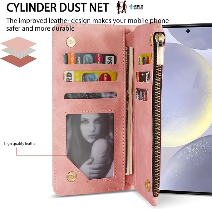 ZZXX for Samsung Galaxy S24 Plus Wallet Case with RFID Blocking Card Slot PU Leather Zipper Flip Folio with Strap Kickstand Protective Cover for Samsung Galaxy S24+ Case Wallet(Pink-6.7 inch)
