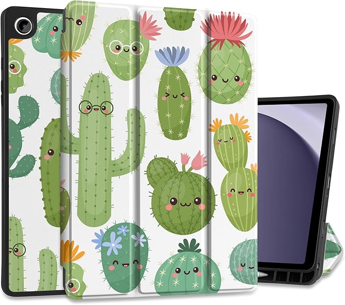 MEEgoodo Case for Samsung Galaxy Tab A9 Plus 11 inch Cover 2024 2023 with S Pen Holder, A9+ Smart Tablet Cases with Leather Trifold Stand+Soft TPU Back Shell+Smart Auto Wake/Sleep, Smiley Cactus