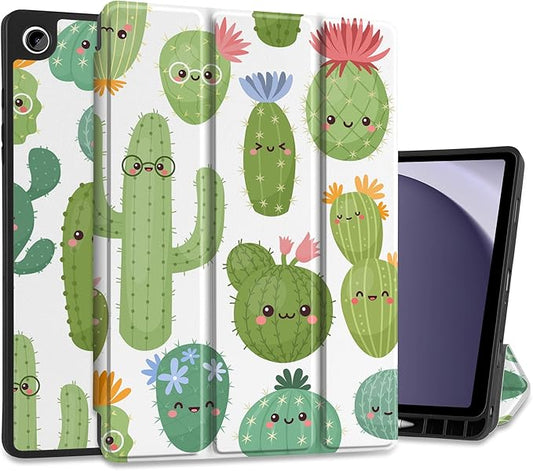 MEEgoodo Case for Samsung Galaxy Tab A9 Plus 11 inch Cover 2024 2023 with S Pen Holder, A9+ Smart Tablet Cases with Leather Trifold Stand+Soft TPU Back Shell+Smart Auto Wake/Sleep, Smiley Cactus