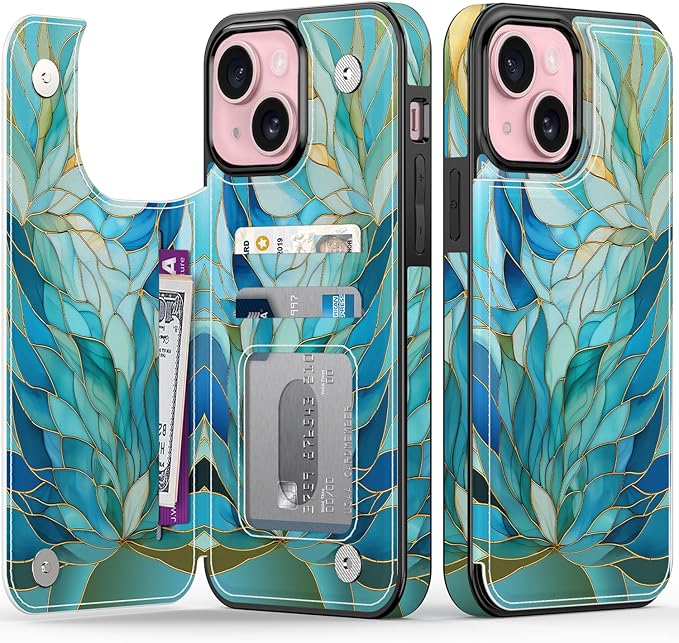 FUNMIKO for iPhone 13 Wallet Case with Card Holder, RFID-Blocking, Military-Grade Protection & UV-Printed Artwork, Magnetic Closure with Leather Kickstand - Sleek Cyan Leaf