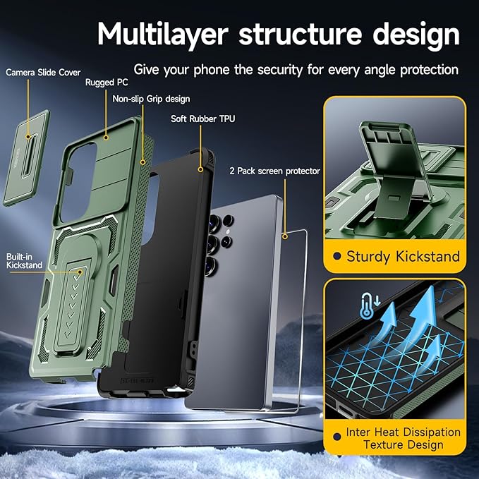 for Samsung Galaxy S25 Ultra Case with 2*Screen Protector, Slide Camera Cover, Kickstand, Lanyard Strap, Military Grade Shockproof Protective Heavy Duty Non-Slip for S25 Ultra Case-6.9'', Green