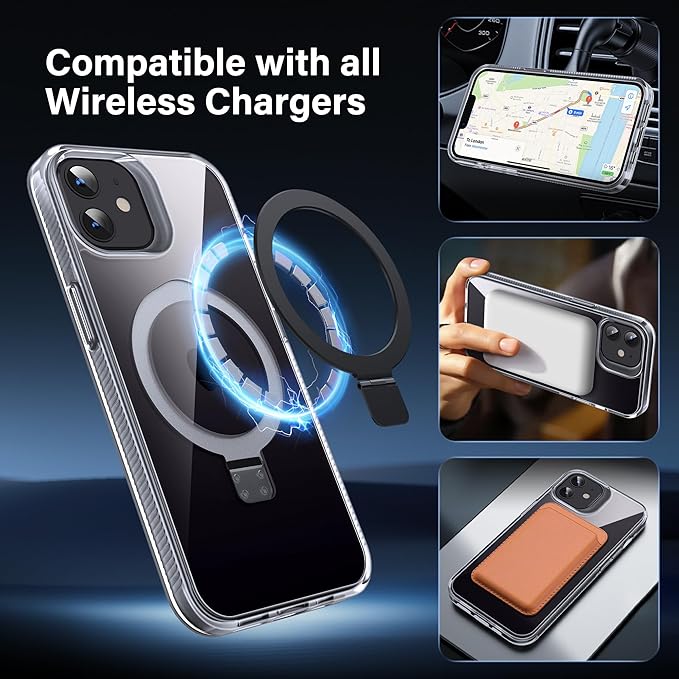 Magnetic Case for iPhone 12/12 Pro - [Built-in Invisible Stand] [Compatible with MagSafe] [Military Grade Drop Protection] Anti-Yellowing Hard Back Silicone Edge Cover, 6.1", Clear