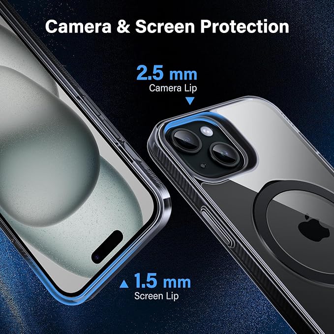 Magnetic Case for iPhone 15 - [Built-in Invisible Stand] [Compatible with MagSafe] [Military Grade Drop Protection] Anti-Yellowing Hard Back Silicone Edge Cover, 6.1", Clear Black