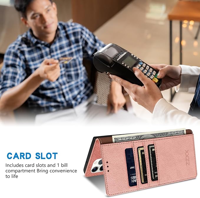 ZZXX for iPhone 15 Pro Max Wallet Case with [RFID Blocking] Card Slot Stand Strong Magnetic Leather Flip Fold Protective Phone Case for iPhone 15 Pro Max Case Wallet(Rose Gold-6.7 inch)