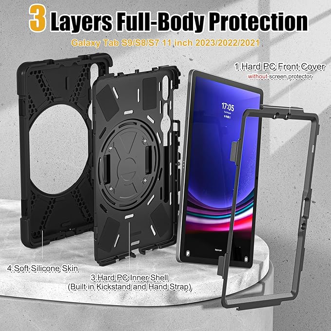 BRAECNstock for Samsung Galaxy Tab S10 Lite/ S10 FE/ S9 FE/ S9/ S8/ S7 5G Case 10.9"/11", Shockproof Protective Case with Pencil Holder, 360° Rotating Hand Strap & Stand, Shoulder Strap, Black