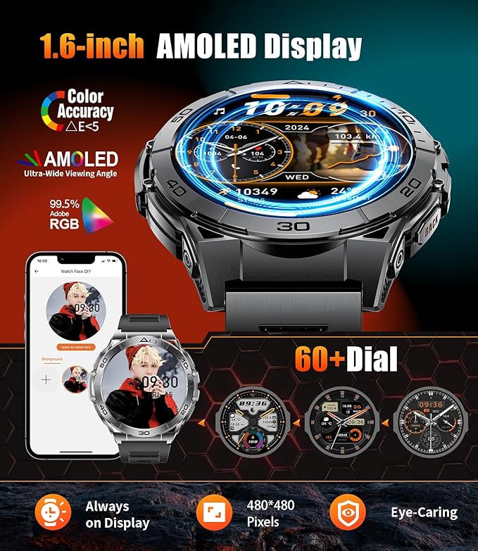 Military Smart Watch for Men,1.6" AMOLED Screen /600mAh Battery/5ATM Waterproof Smartwatches (Answer/Dial Calls) Fitness Tracker with Heart Rate/Sleep Tracking/Blood Oxygen for Android/iOS Silver