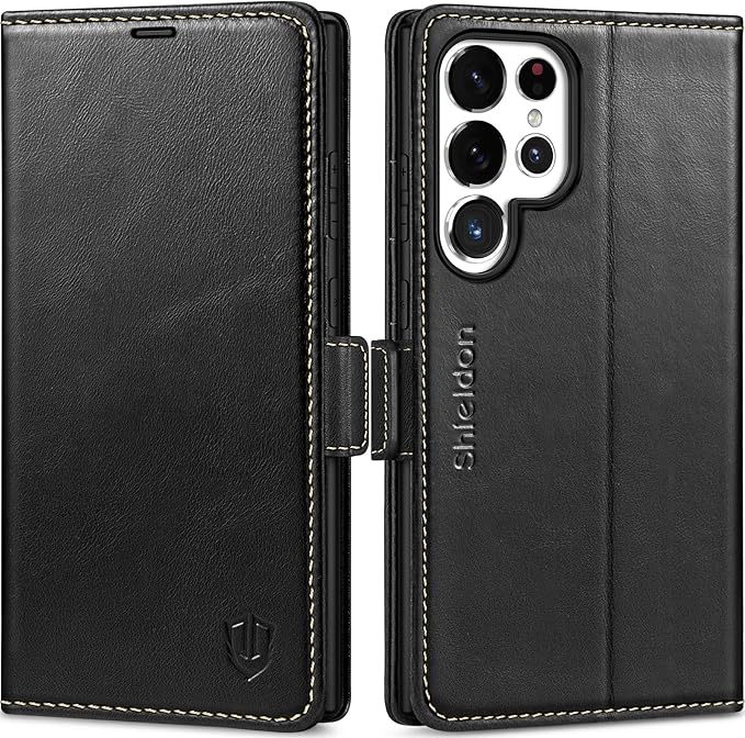 SHIELDON Case for Galaxy S25 Ultra 6.9", Genuine Leather Folio Wallet Case RFID Blocking Card Holder Folio Magnetic Stand Shockproof Protective Cover Compatible with Galaxy S25 Ultra 5G - Retro Black