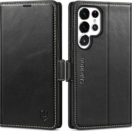 SHIELDON Case for Galaxy S25 Ultra 6.9", Genuine Leather Folio Wallet Case RFID Blocking Card Holder Folio Magnetic Stand Shockproof Protective Cover Compatible with Galaxy S25 Ultra 5G - Retro Black