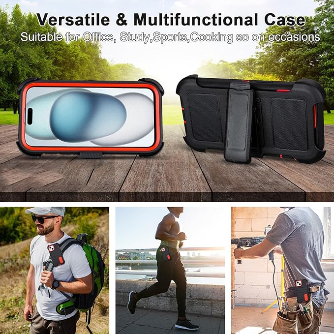 for Heavy Duty iPhone 15 Case with Belt Clip & Holster, Rugged Military Grade Shockproof Protective Cover for iPhone 15 Case with Stand 6.1 Inch (Black+Orange)