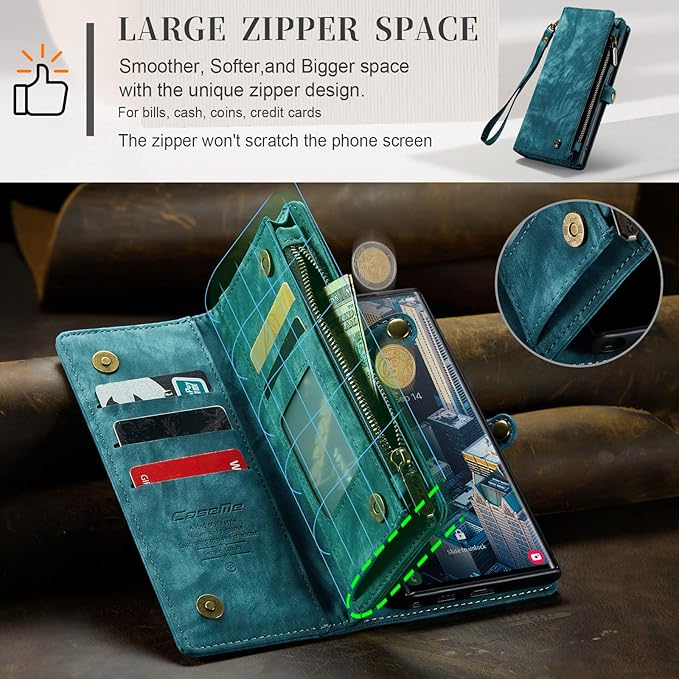 SZHAIYU 2 in 1 Detachable for Samsung Galaxy S23 Ultra Wallet Case with Card Holder, Retro Premium Flip Leather Cover Magnetic Zipper Pocket Phone Cases 6.8'' (Blue,S23 Ultra)