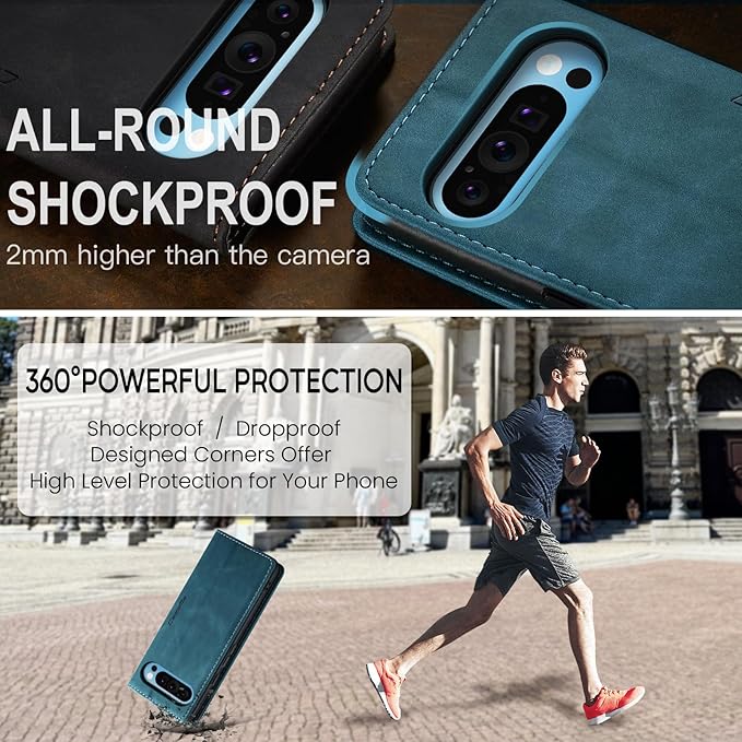 for Google Pixel 9 Pro XL Case, Flip Wallet Leather Case with Card Holder Magnetic Closure Shockproof Kickstand Protective Phone Cases Cover for Google Pixel 9 Pro XL,Blue-Green