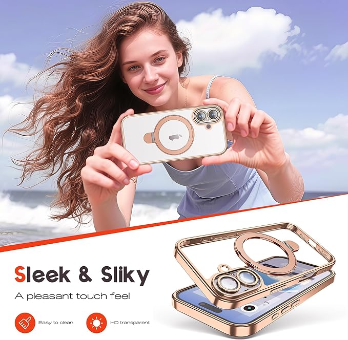 Compatible with Clear iPhone 16 Pro Case with Magnetic Stand [Compatible with Mag-Safe][Full Camera Len Protectors] Shockproof Plating Phone Case for iPhone 16 Pro 6.3’’,Desert Gold