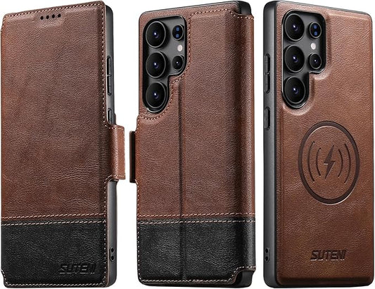 SINIANL for Samsung Galaxy S24 Ultra Leather Wallet Case Compatible with MagSafe Wireless Charging, Detachable Leather Cover with Card Slots Holder, Kickstand, Magnetic for Galaxy S24 Ultra Brown