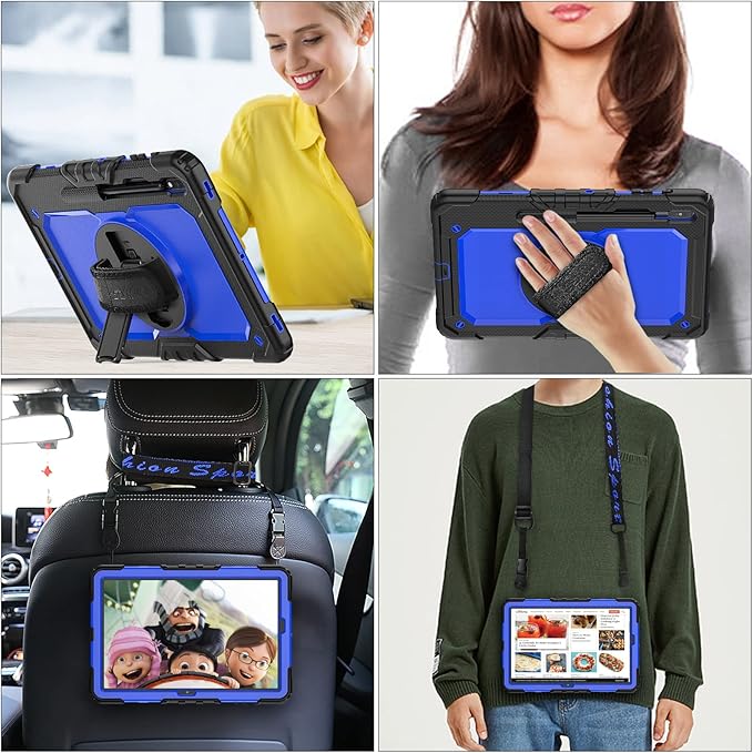 SEYMAC stock Case for Samsung Galaxy Tab S7 FE / S8 Plus 5G Case 12.4'' with Screen Protector Pencil Holder [360 Rotating Hand Strap] &Stand, Drop-Proof, Blue/Black