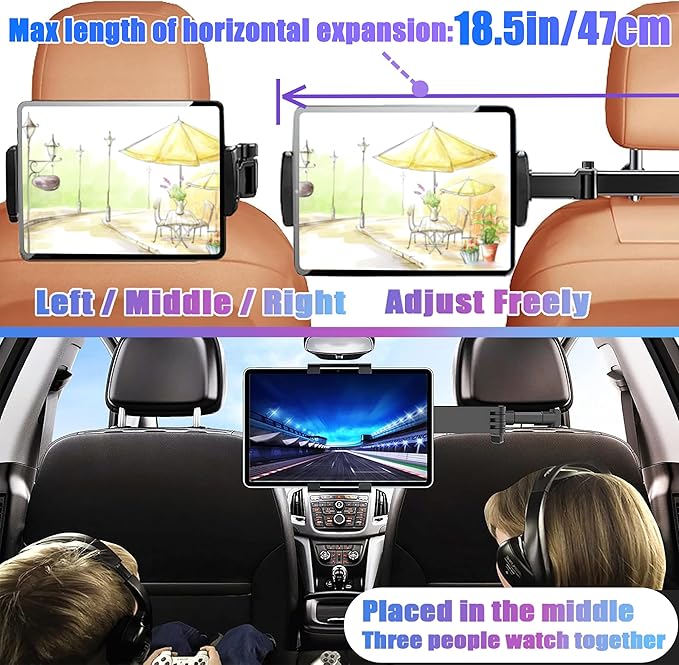 2026 Car Headrest Tablet Holder 2 Pack, (3 in 1 Extension Arm) Tablet Mount for Car Backseat, for Phone iPad Pro Air Mini Galaxy, 5.3-10.6", Fits Larger Tablets (If Short Side ≤10.6") - Black